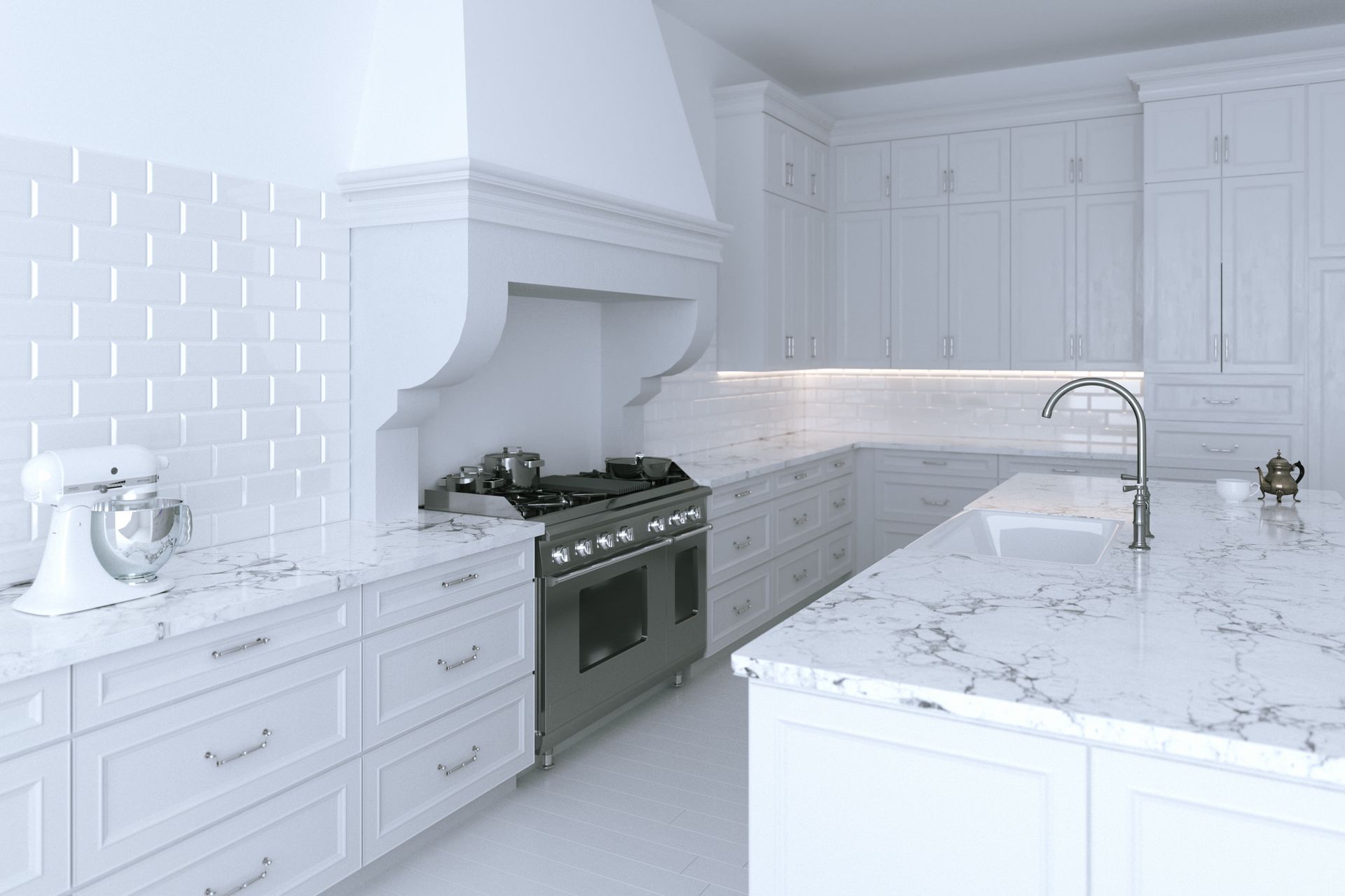 White kitchen with marble countertops, stainless steel stove, and cabinets.