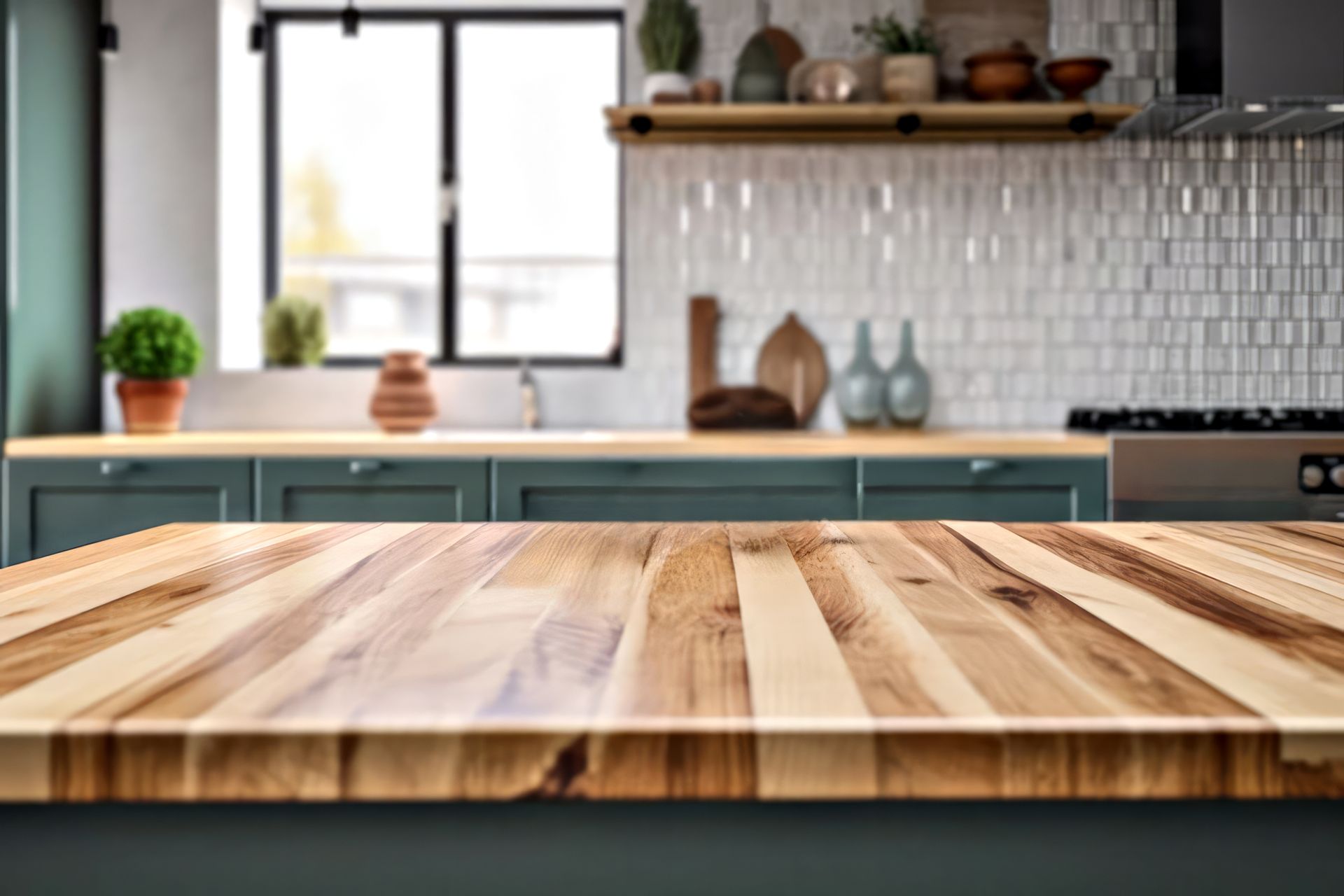 Wooden countertop in front of a blurred kitchen scene. Blue cabinets, white backsplash, and a window.