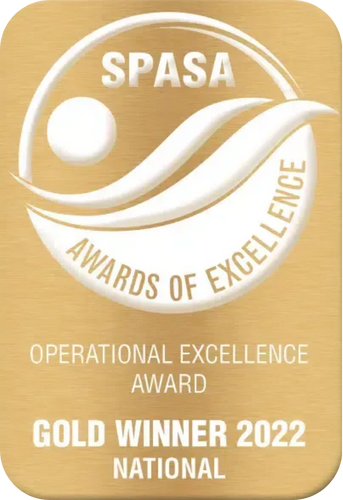 SPASA Award: Gold Winner 2022. Gold badge with SPASA logo, flowing design and text 