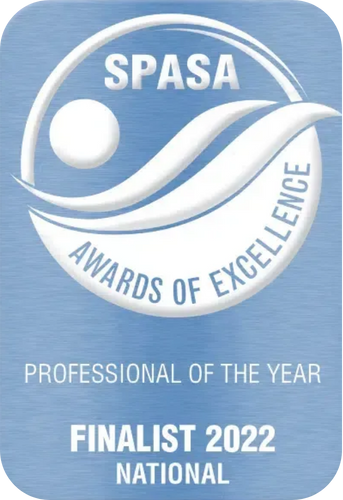 SPASA Awards of Excellence finalist badge, 2022. Blue with white logo featuring a person and wavy lines.
