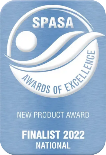SPASA Awards of Excellence finalist badge, blue and white, for a new product, 2022.