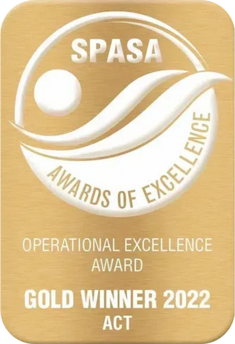 Gold award from SPASA for operational excellence in ACT, 2022. Features stylized wave and circle on a gold background.
