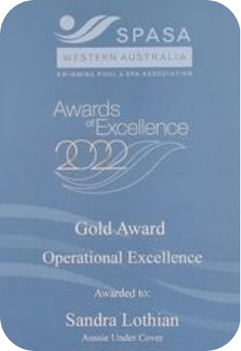 A blue plaque for a 2022 SPASA Gold Award for Operational Excellence, awarded to Sandra Lothian of Aussie Under Cover.