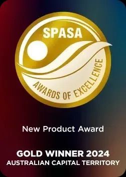 SPASA Gold Winner 2024 New Product Award for Australian Capital Territory. Gold circle badge with leaf, white dot, and text.