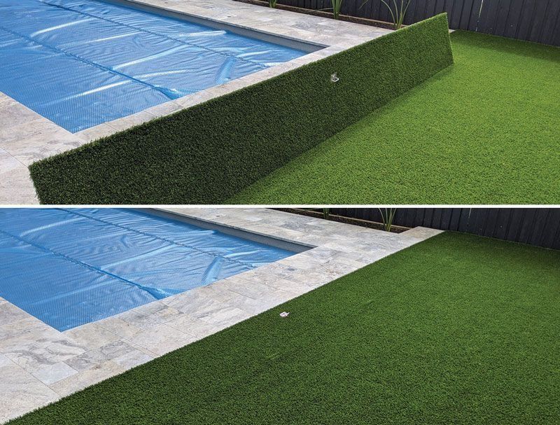 Pool with a blue cover, bordered by stone and green artificial turf. Hedge wall shown in top image, absent in bottom.