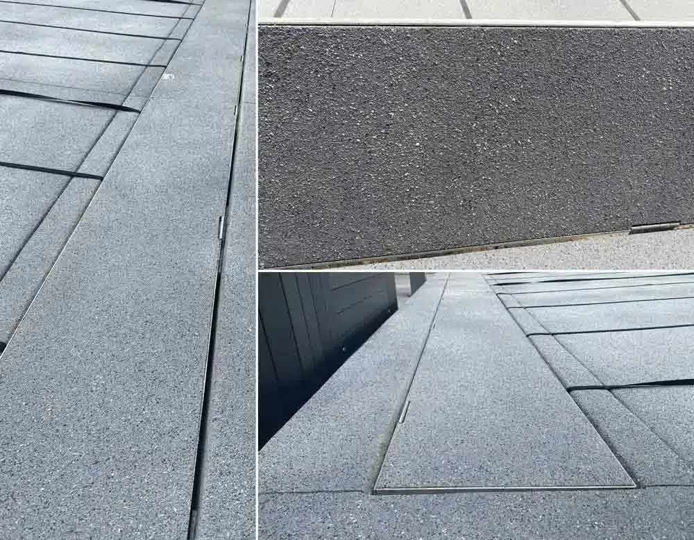 Three views of a dark gray flat roof with gravel-like surface, and drainage channels.