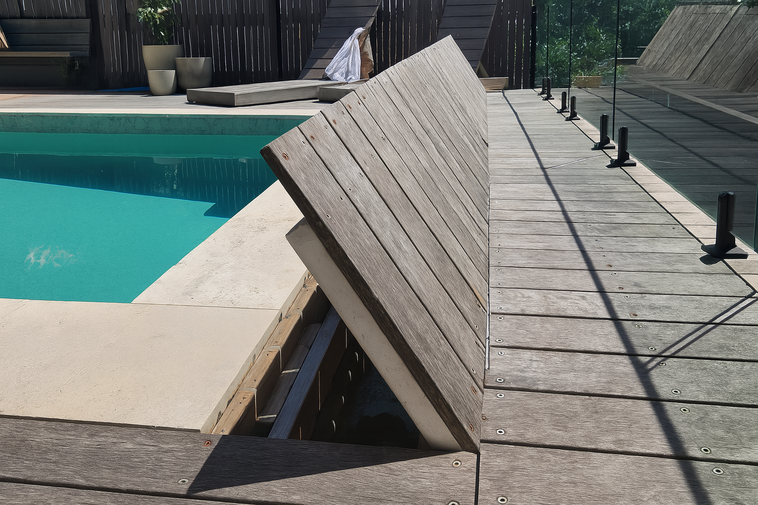Overhead view of a rectangular turquoise pool, pergola, and green lawn.