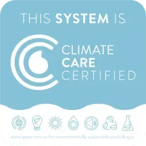 Climate Care Certified logo with icons for sustainable pools, white on blue.
