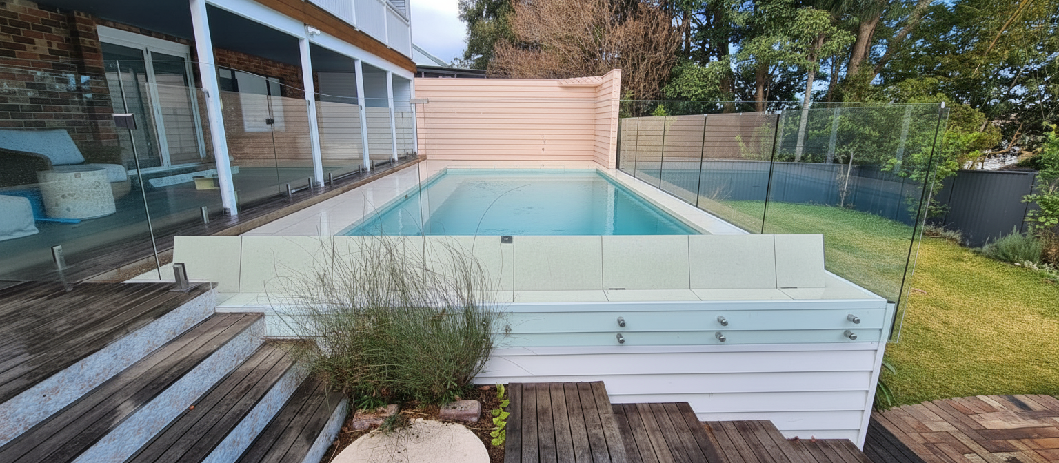 Rectangular blue swimming pool surrounded by stone tiles and a green hedge under a bright sky.