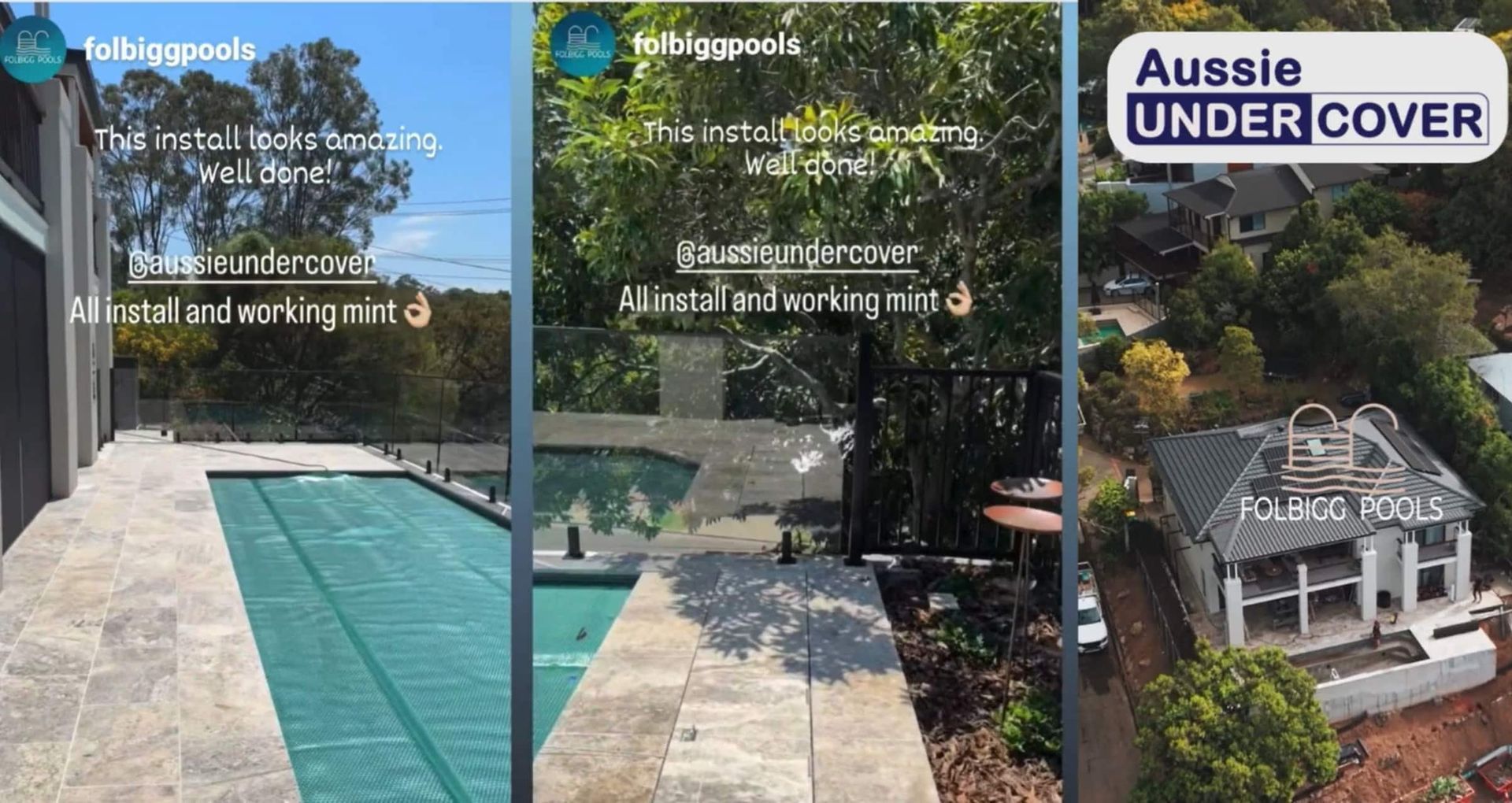 Collage: Pools with covers, landscaping, and house under construction. 