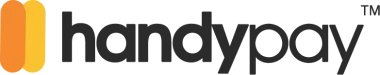 Handypay logo: black text with orange and yellow vertical bars on the left, 