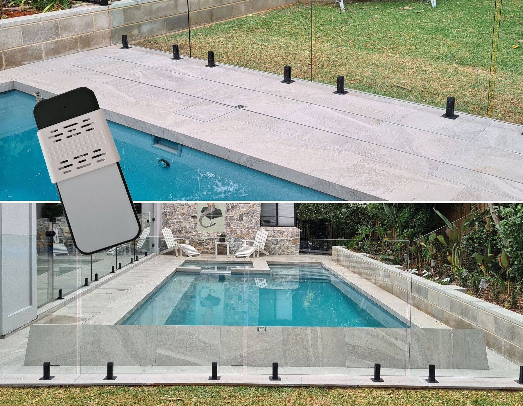 Pool area with glass fence, black posts. Top view shows the deck with pool.