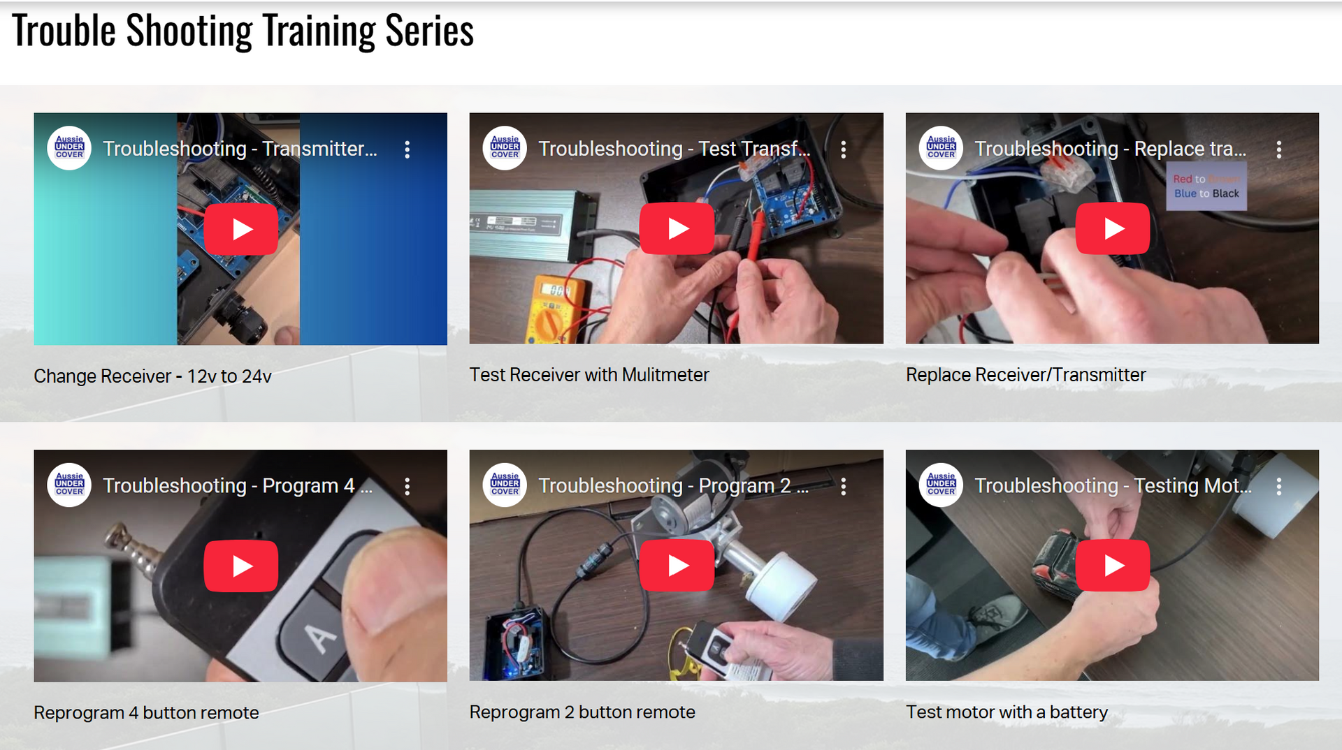 A troubleshooting training series with six video thumbnails demonstrating repair tasks.