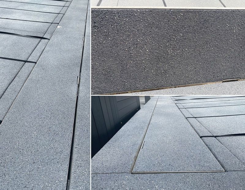 Three angled views of a gray, textured surface with thin metal strips dividing sections, likely a paved area or roof.