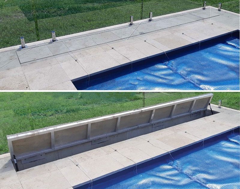 Two images: pool cover in closed and open positions. A rectangular pool covered with blue material.