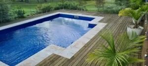Swimming pool surrounded by a wooden deck and tropical plants. Green grass in the background.