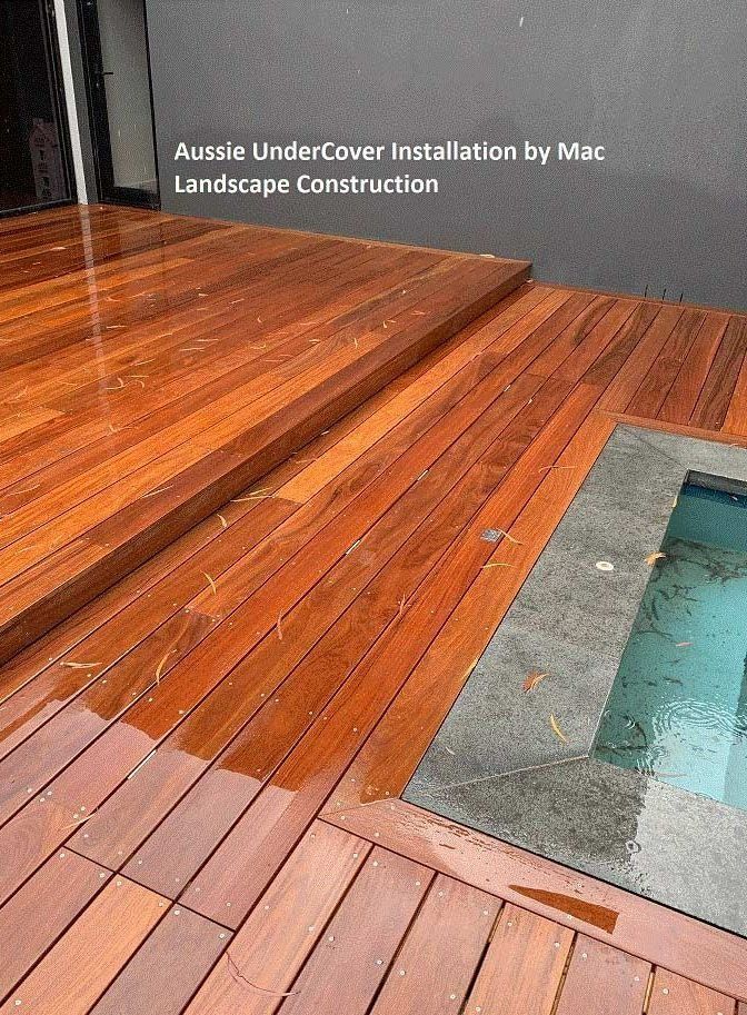 Wooden deck with a pool.