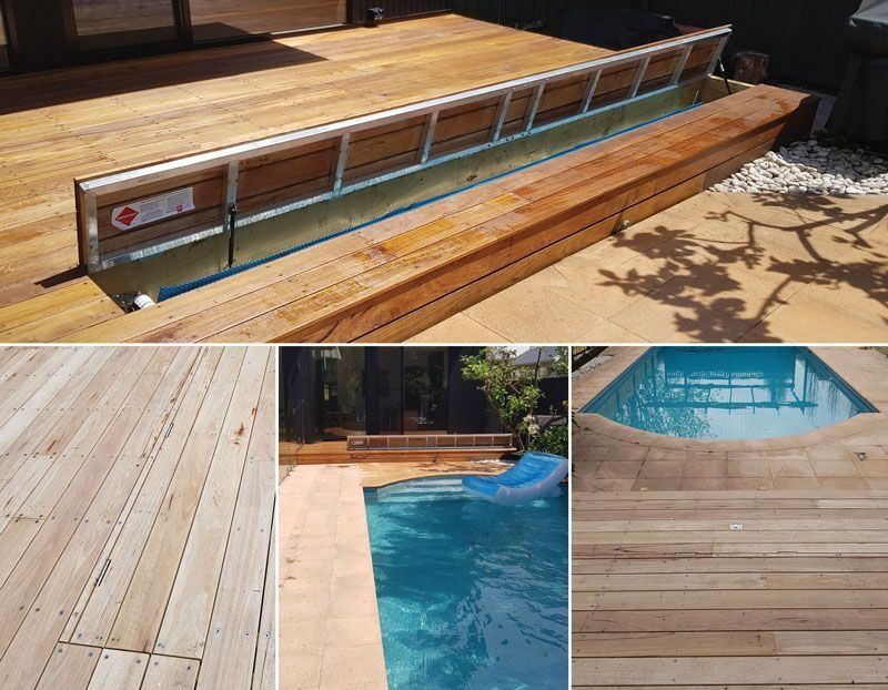 Composite image of a wooden deck with a pool. Features include deck panels, pool, and seating area.