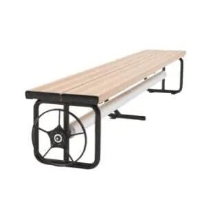 Wooden bench with black metal frame and adjustable mechanism.