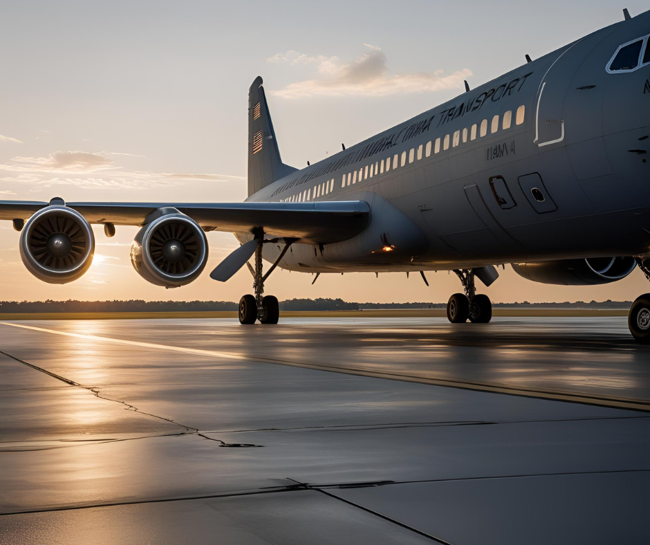 A gray military transport aircraft parked on a wet runway at sunset with the sun shining behind the engines.