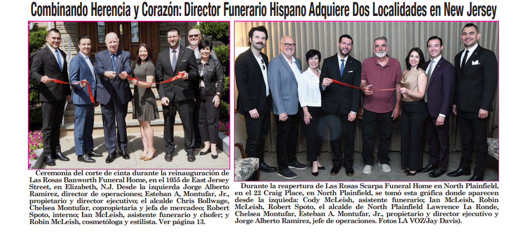 Two photos of groups attending ribbon-cutting ceremonies at funeral homes in New Jersey, accompanied by Spanish news text.