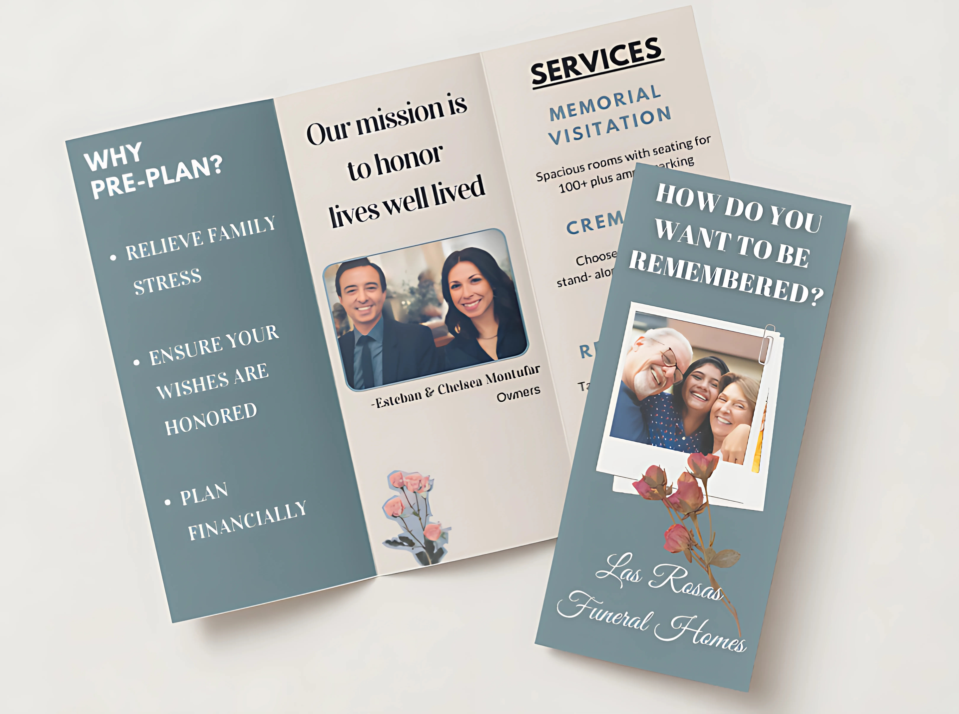 A folded funeral home brochure featuring a mission statement, service list, and photos of smiling people on a light background.