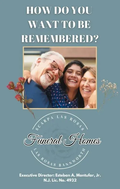 A flyer for Scarpa-Las Rosas Funeral Homes showing a smiling family, with the text 