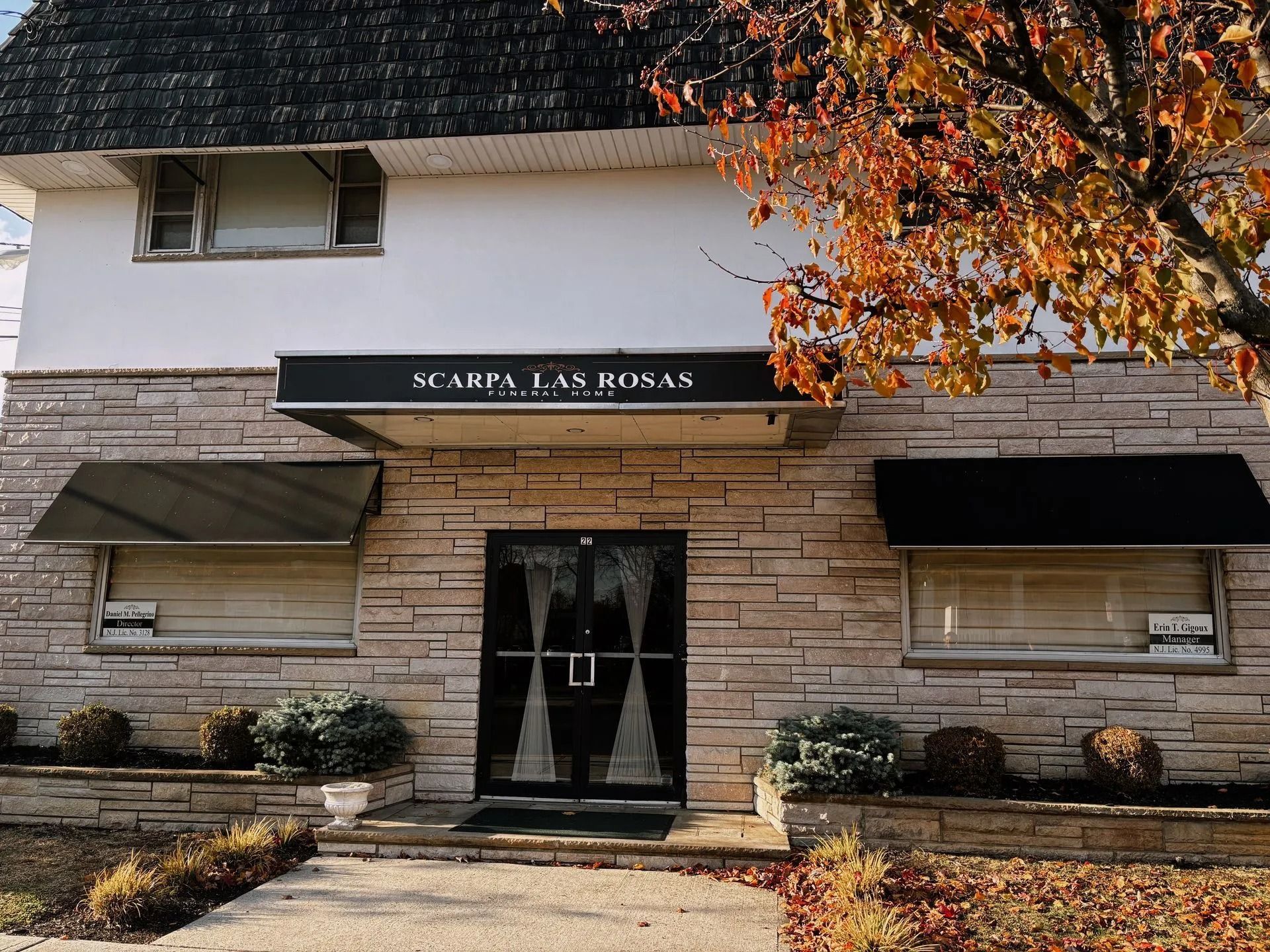 Scarpa Tax Board building with stone facade, dark awnings, central glass door, and a tree with autumn leaves in front.