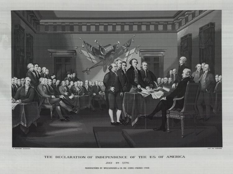  a Jacquard-woven silk rendition of John Trumbull's famous painting of the signing of the Declaration of Independence.