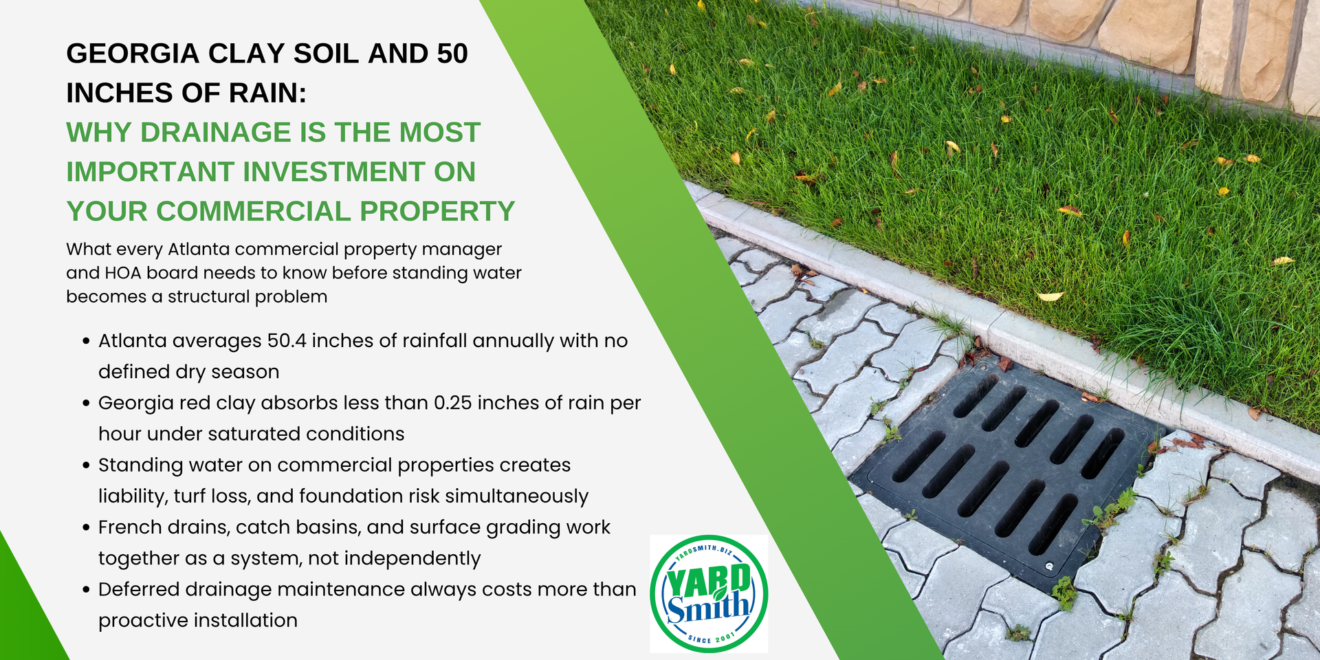 Storm drain on cracked pavement beside green grass with text about keeping commercial property drains clear