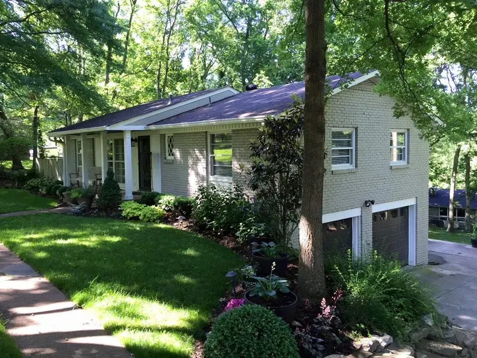 A house with a purple roof is surrounded by trees