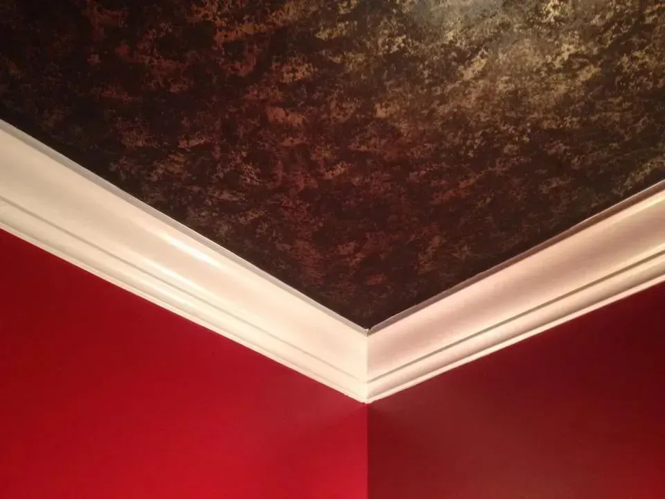 A corner of a room with red walls and a black ceiling