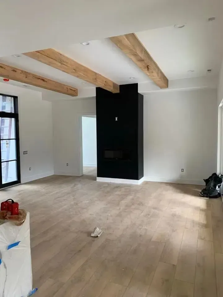 There is a fireplace in the middle of the room.