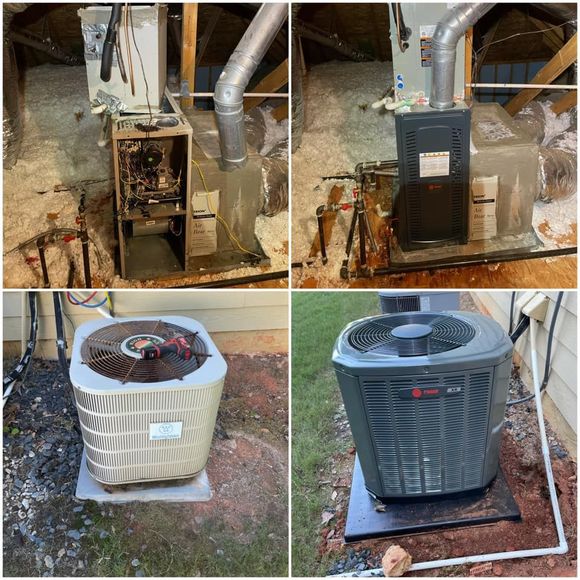 A collage of four pictures of an air conditioner and a furnace.