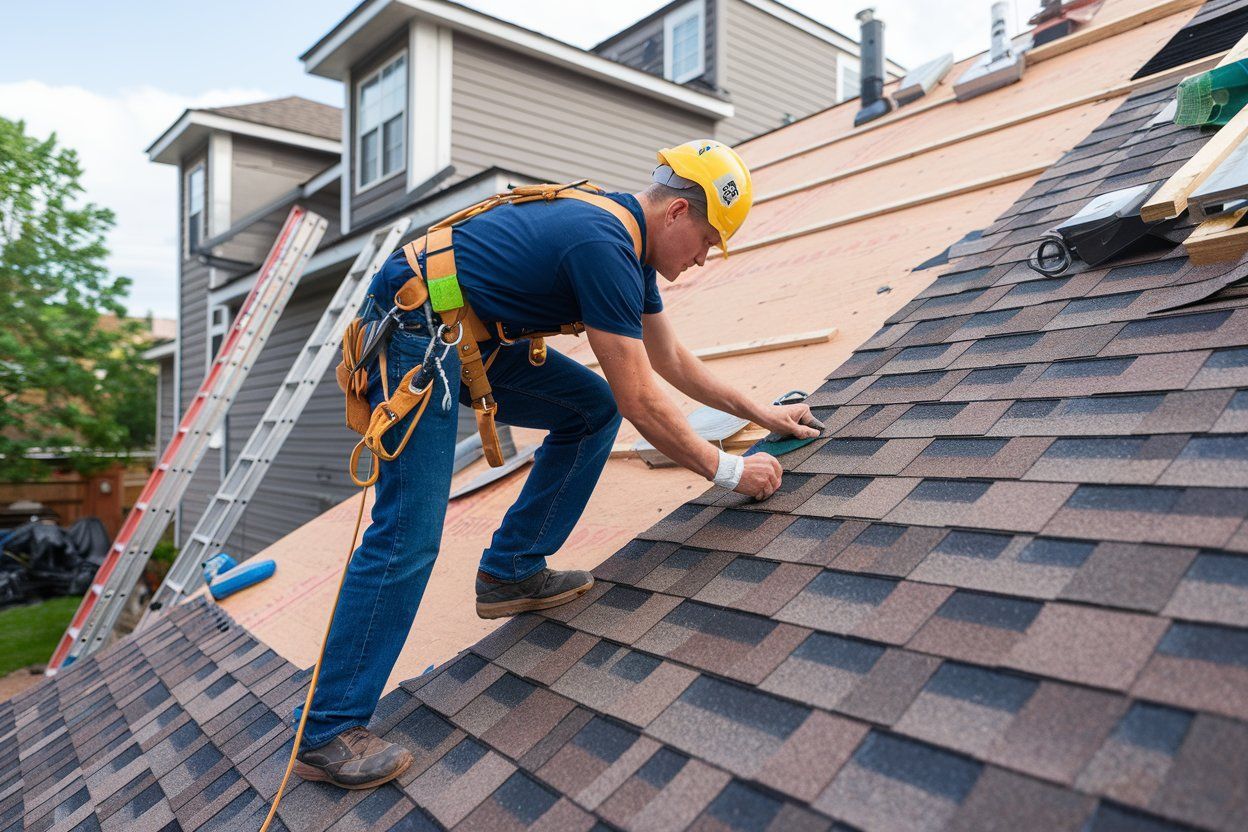 A man is working on the roof of a house.