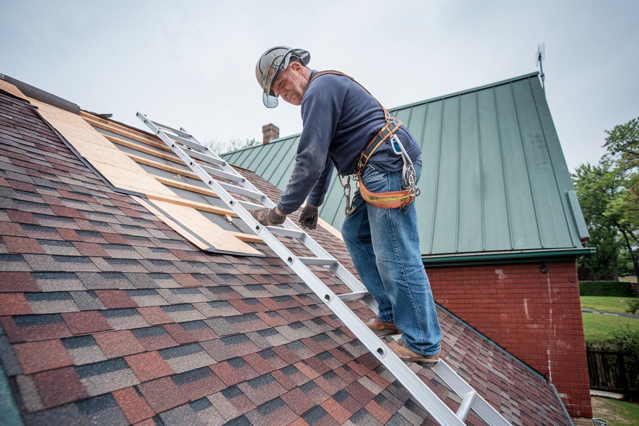 Roofer on ladder, working on a shingled roof with a safety harness. Cloudy sky, building in background.