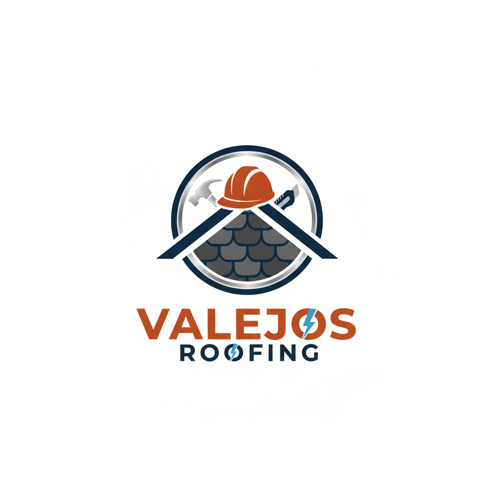 Logo for Valejos Roofing: a roof icon with a hard hat, tools, and text.