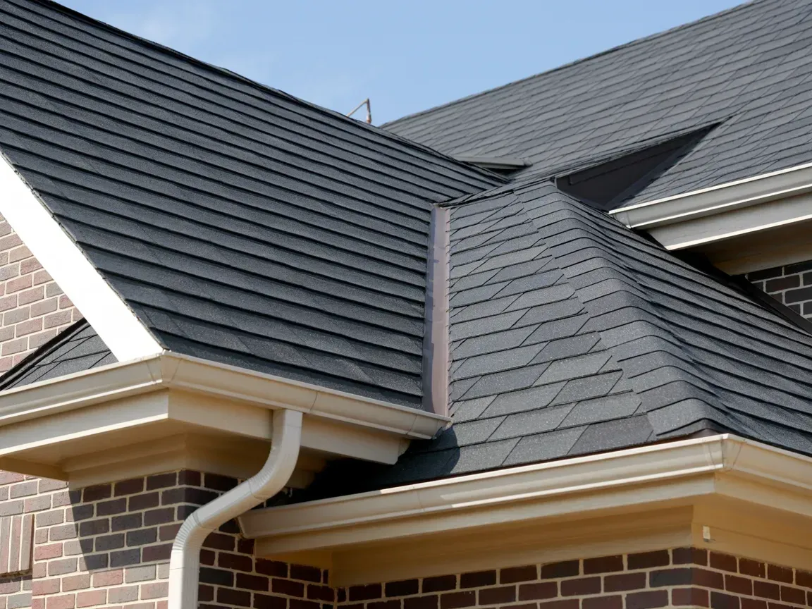 Dark gray shingle roof on a brick house with white gutters.