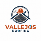 Logo for Valejos Roofing: a roof icon with a hard hat, tools, and text.
