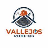 Logo for Valejos Roofing: a roof icon with a hard hat, tools, and text.
