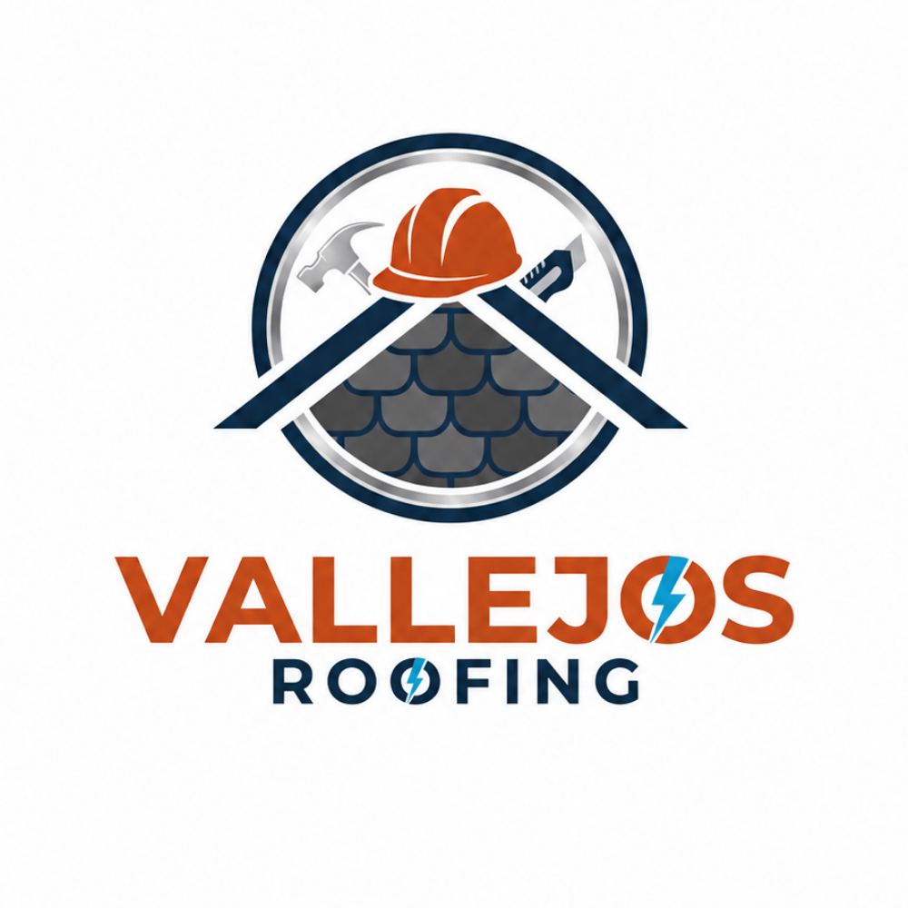 Logo for Valejos Roofing: a roof icon with a hard hat, tools, and text.