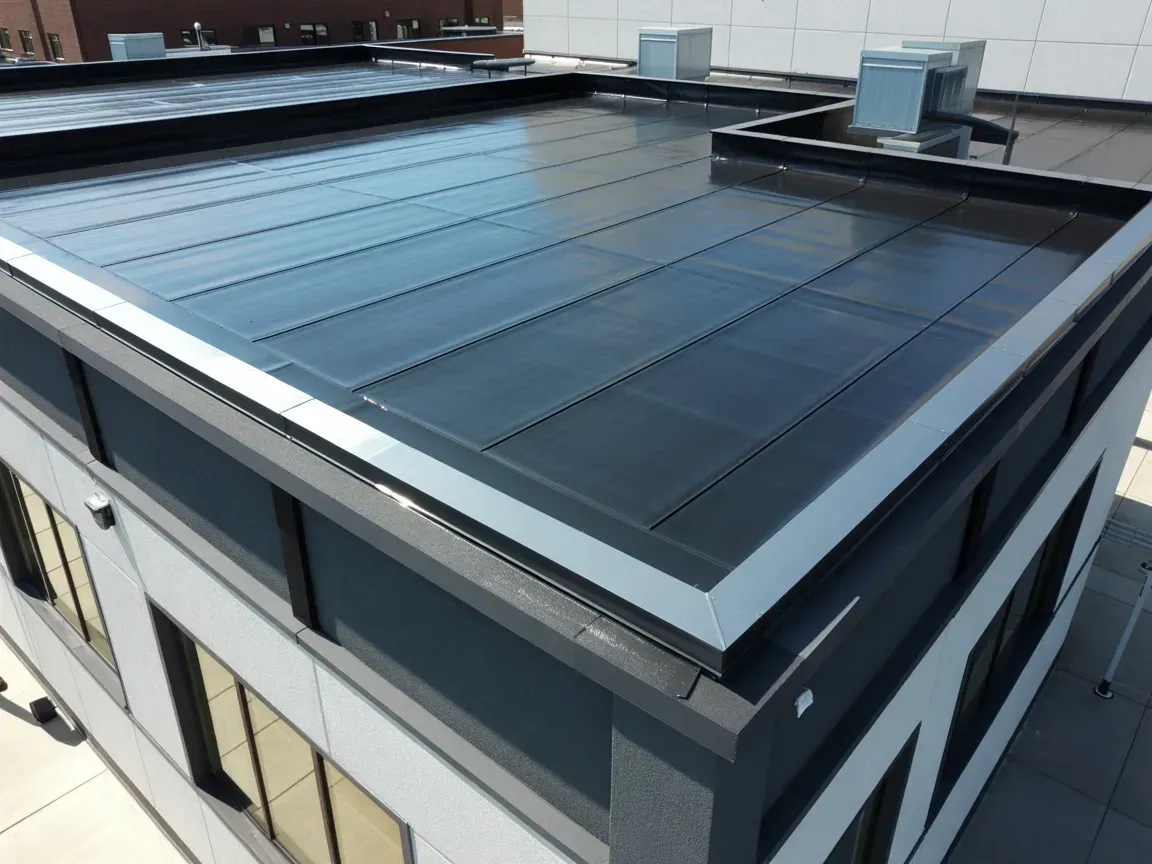 Black flat rooftop with silver trim on a modern building.