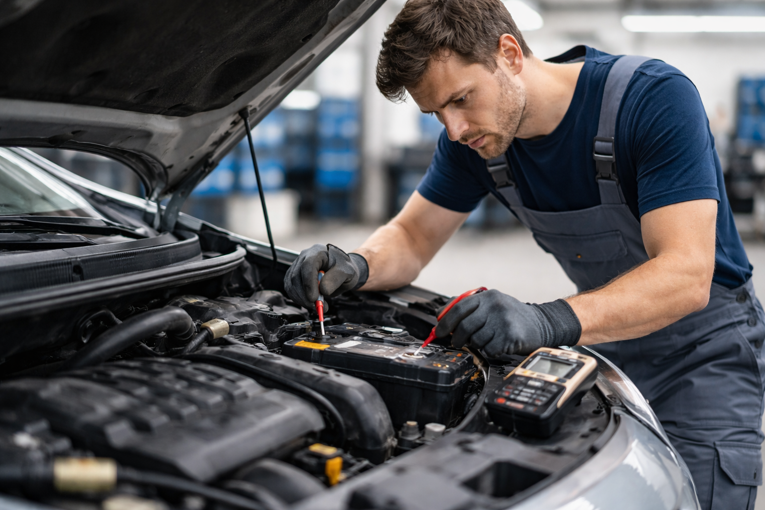 בדיקת מצבר ברכב במוסך
