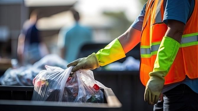 Worker in orange safety vest and gloves placing a trash bag into a bin outdoors