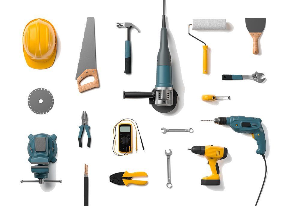 Helmet, drill, angle grinder and other construction tools on a white background isolated