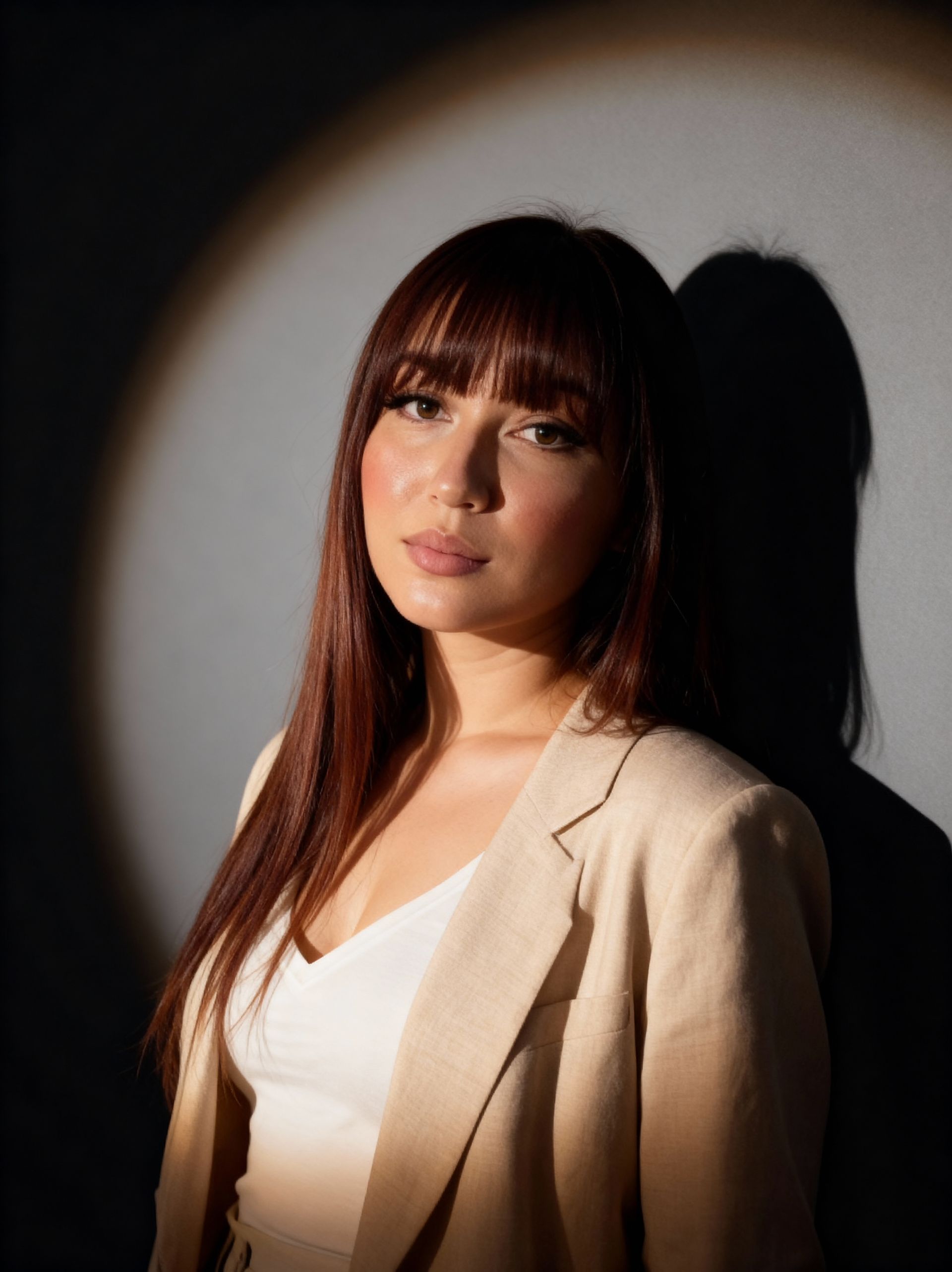 A woman is sitting at a desk with a laptop and a vase of flowers.