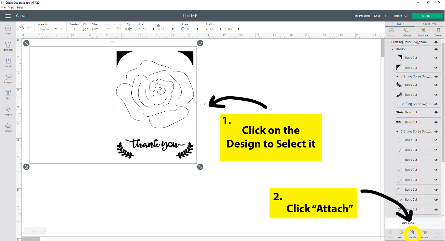 click on the design to select it then click attach