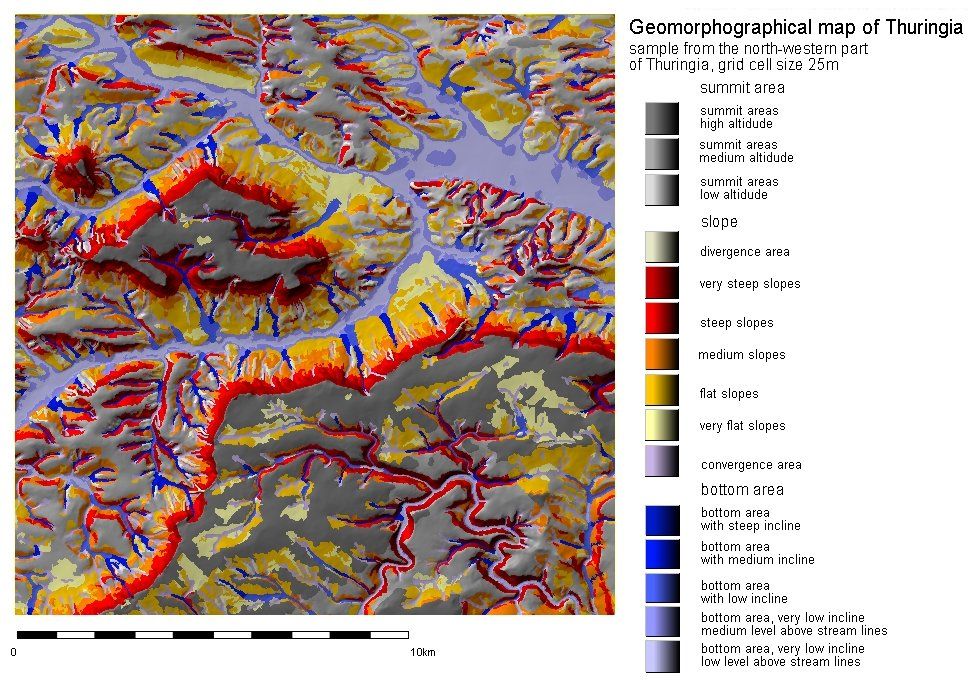 Auf weißem Hintergrund ist eine geomorphologische Karte von Thüringen abgebildet.