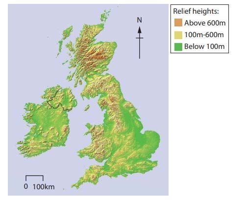 A map showing the relief heights of the uk