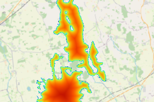 Eine Karte einer großen Wassermasse mit vielen Bäumen im Hintergrund.